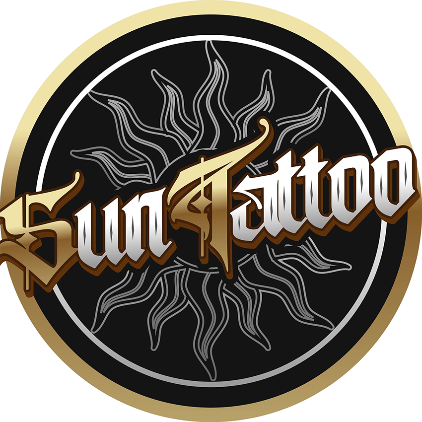 A logo with the words "Sun Tattoo" in gothic font, featuring a sun design with stylized rays behind the text, black and gold color scheme.