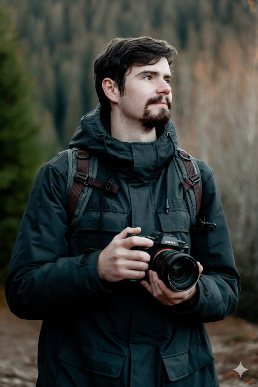 A man in outdoor clothing with a backpack holding a camera in a natural setting.