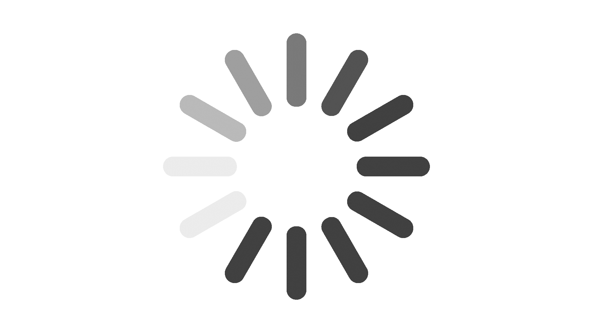 Loading spinner with black, gray, and white bars in a circular pattern on a gray background.