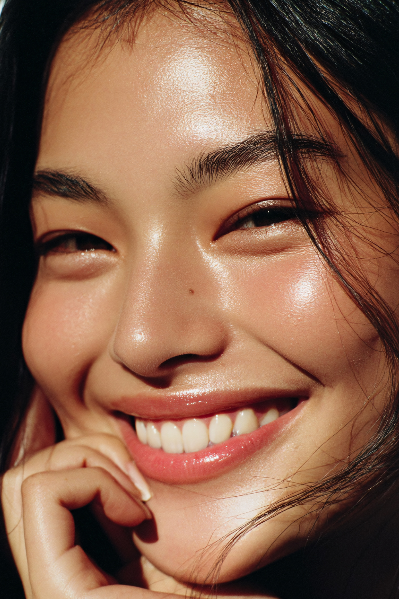 Nahaufnahme eines lachenden jungen Mädchens mit dunklen Haaren und heller Haut, schimmerndem Teint und weißen Zähnen.