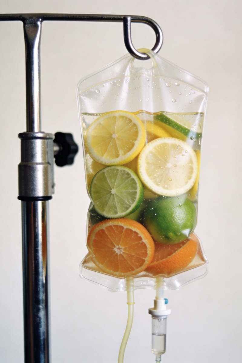 Infusionsbeutel mit Zitronen, Limetten und Orangen in Wasser