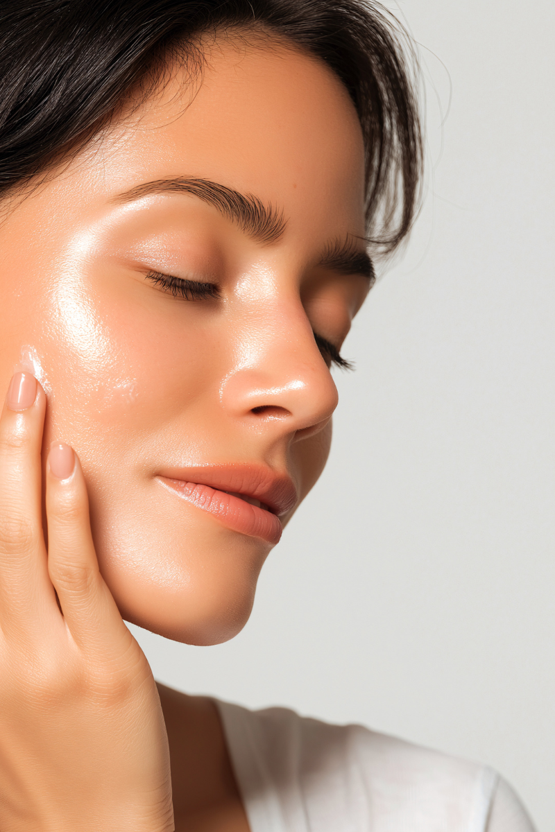 Nahaufnahme eines lachenden Frauengesichts mit geschlossenen Augen, glatte Haut, gepflegte Augenbrauen, sanftem Lächeln, natürlichem Make-up, weiche Beleuchtung.