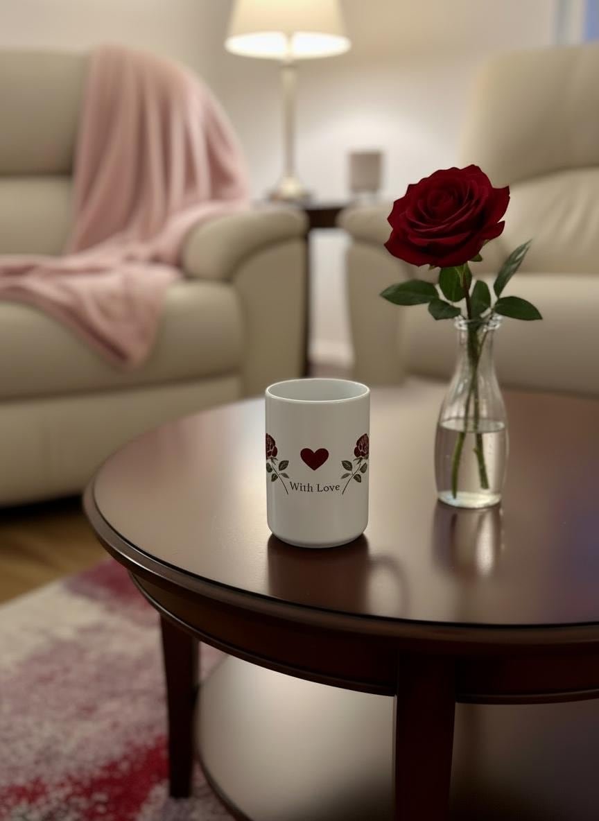 With Love Rose Mug 15oz | Romantic Floral Heart Coffee Mug | Valentine Gift
