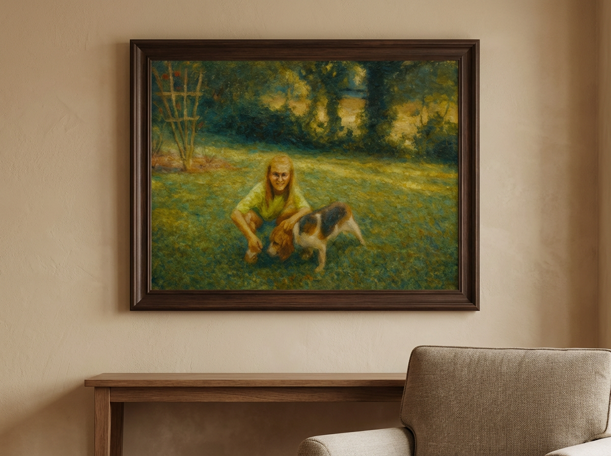 Girl and Beagle Dog Oil Painting Print: Outdoor Portrait Painting (Digital Download