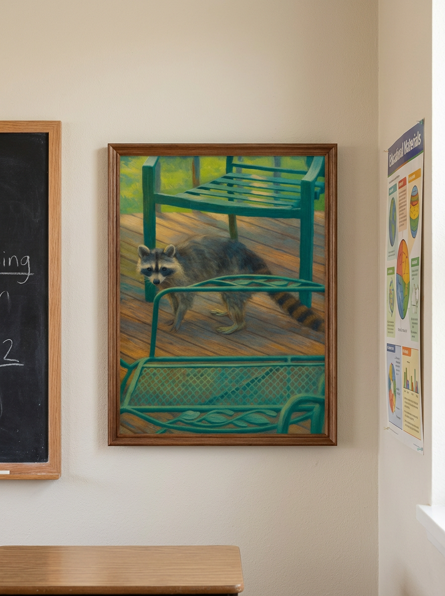 Raccoon on the Deck – Oil Painting Rustic Nature Print | Green River Wildlife Art