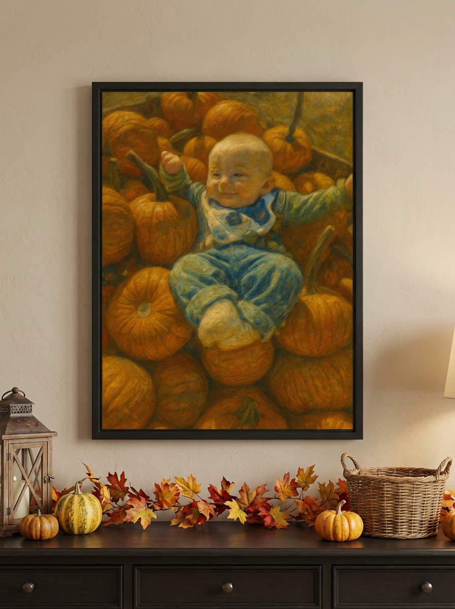 Autumn Baby and Pumpkins Oil Painting Printable Wall Art - Digital Download