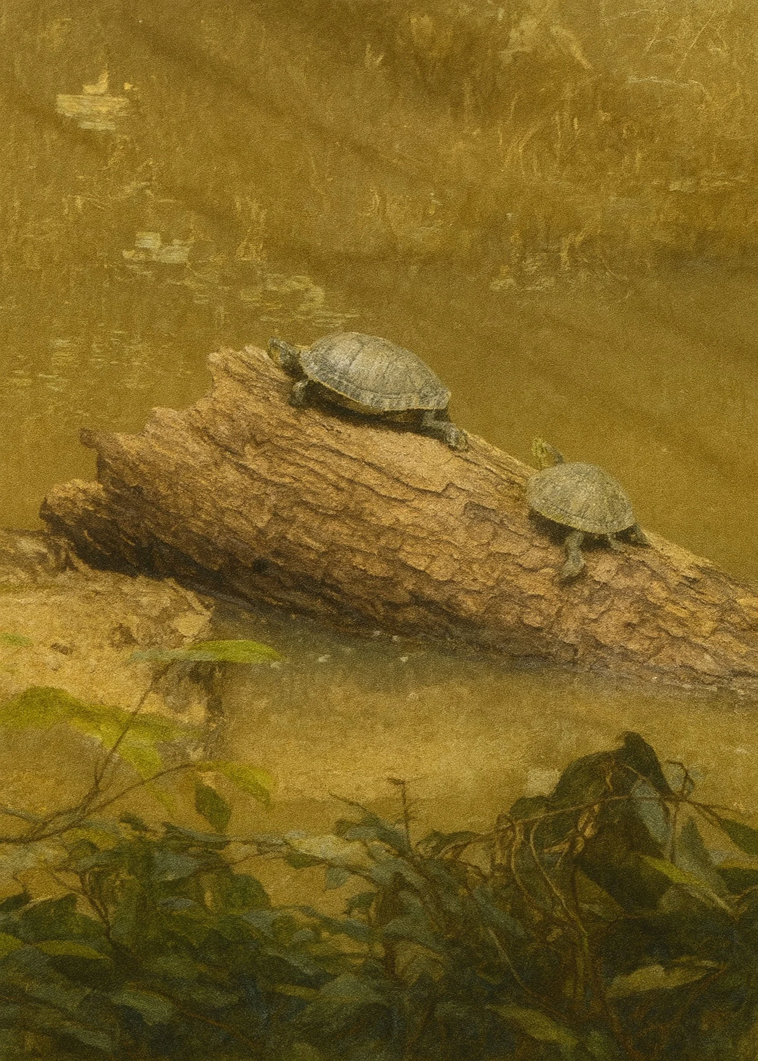 Turtles on a Log Art Print: Green River Wildlife Scene (Digital Download)