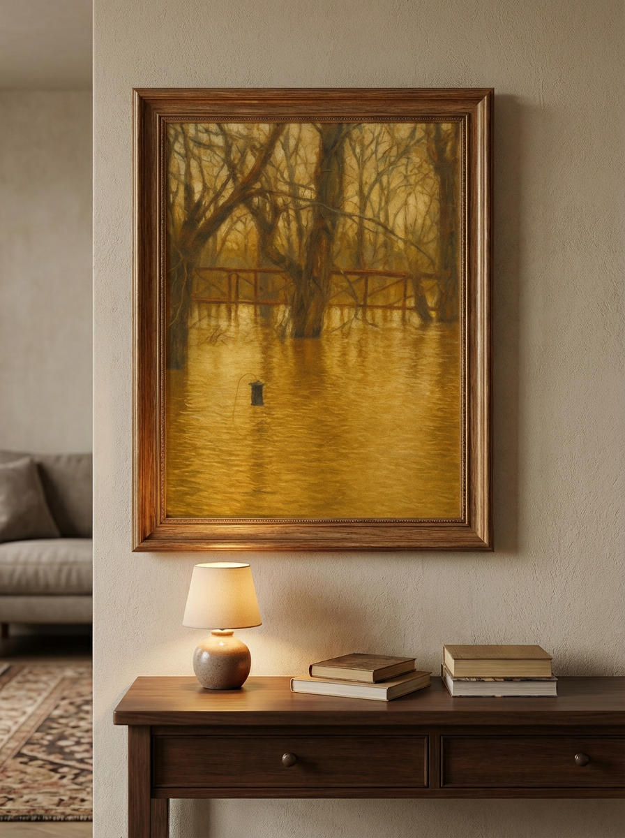 Golden Light Flooded Bridge Oil Painting Print: Rustic Nature Landscape (Digital Download)