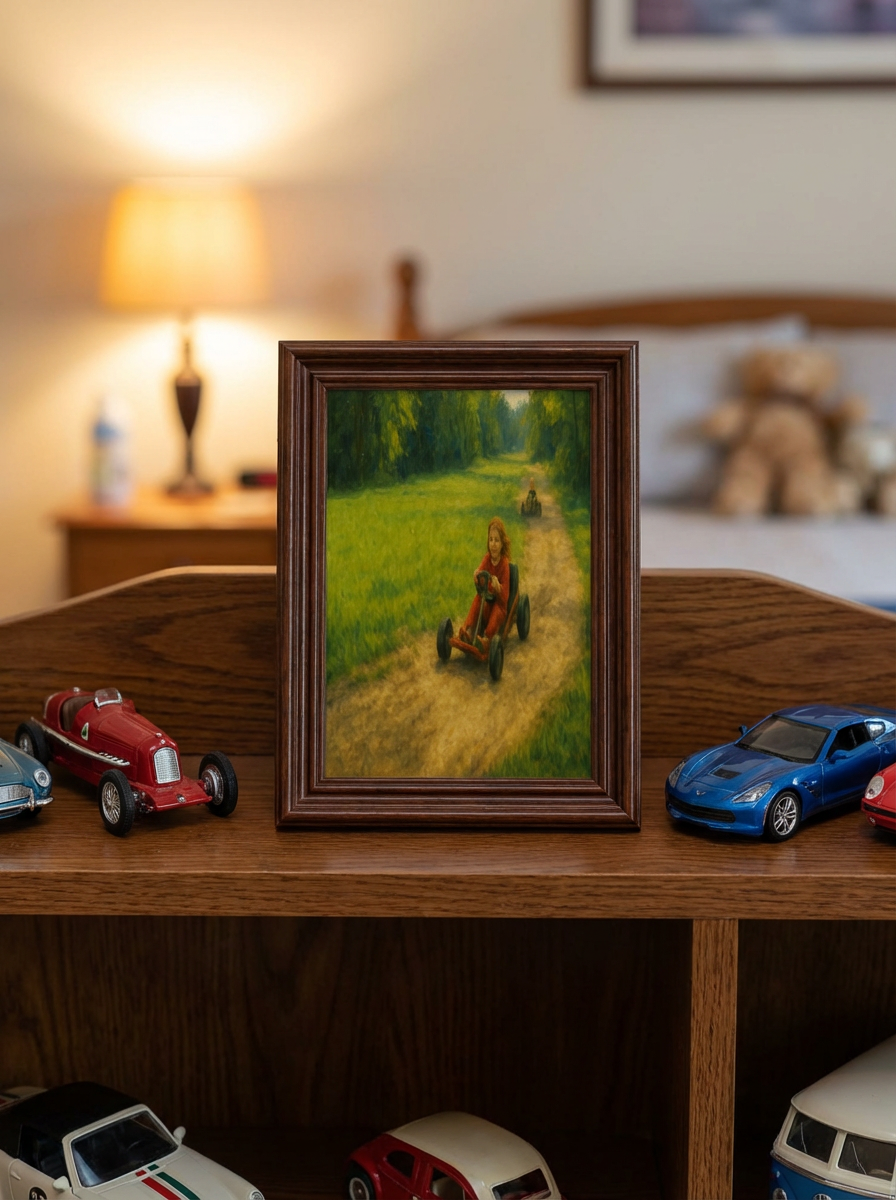 Go-Kart Race Oil Painting  – Whimsical Outdoor Childhood Wall Art Print