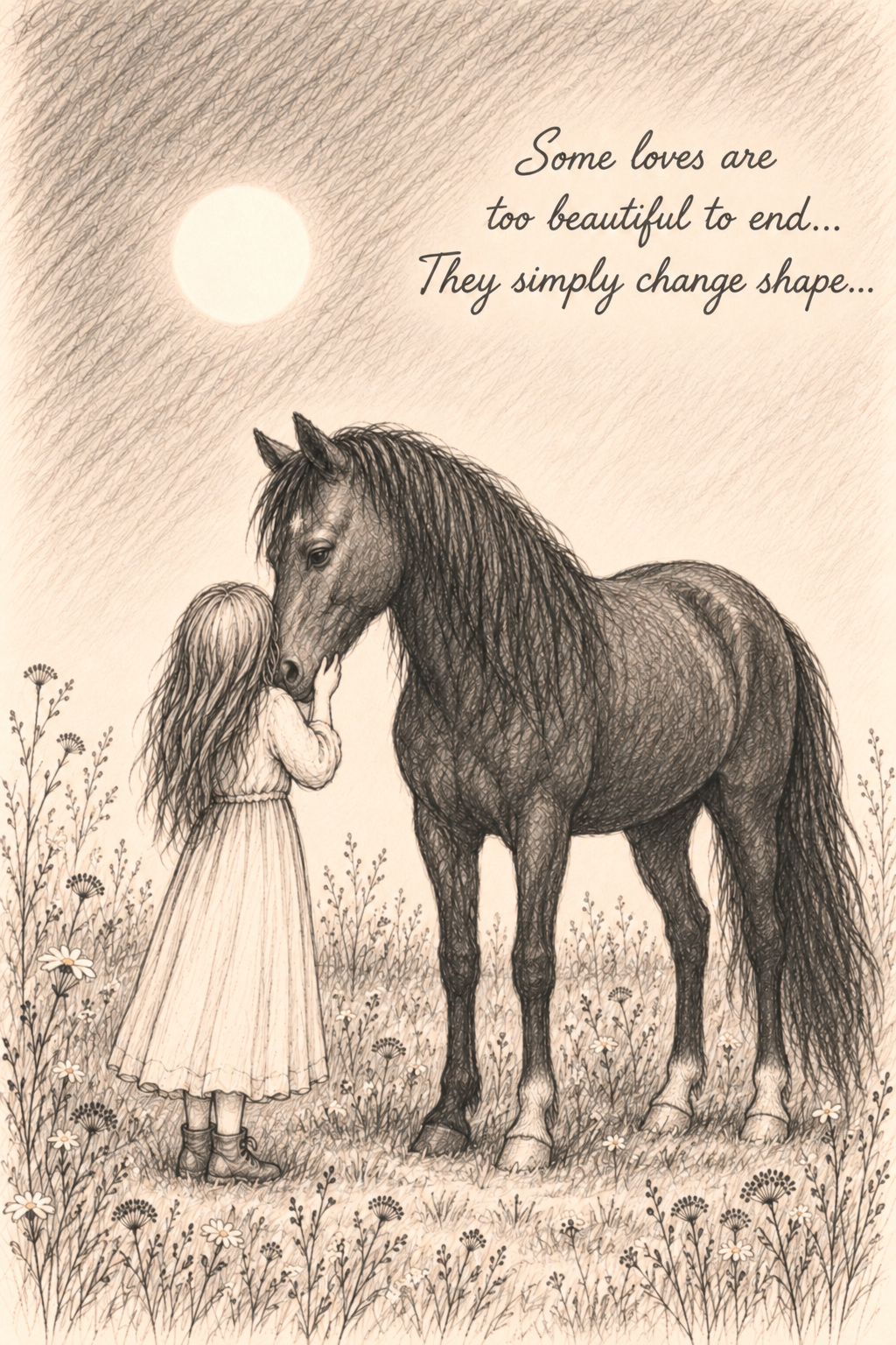 A girl in a dress touching a horse's face in a field of wildflowers under a bright sun with a quote about love.