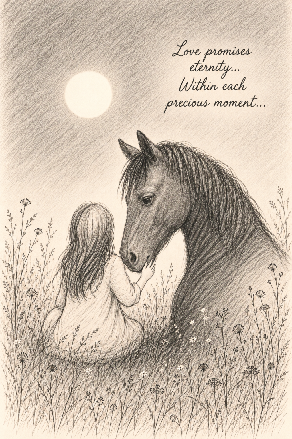 A pencil sketch of a young girl with long hair sitting in a field of wildflowers, touching the nose of a large horse. The moon is visible in the sky, and a quote reads, 'Love promises eternity... Within each precious moment...'