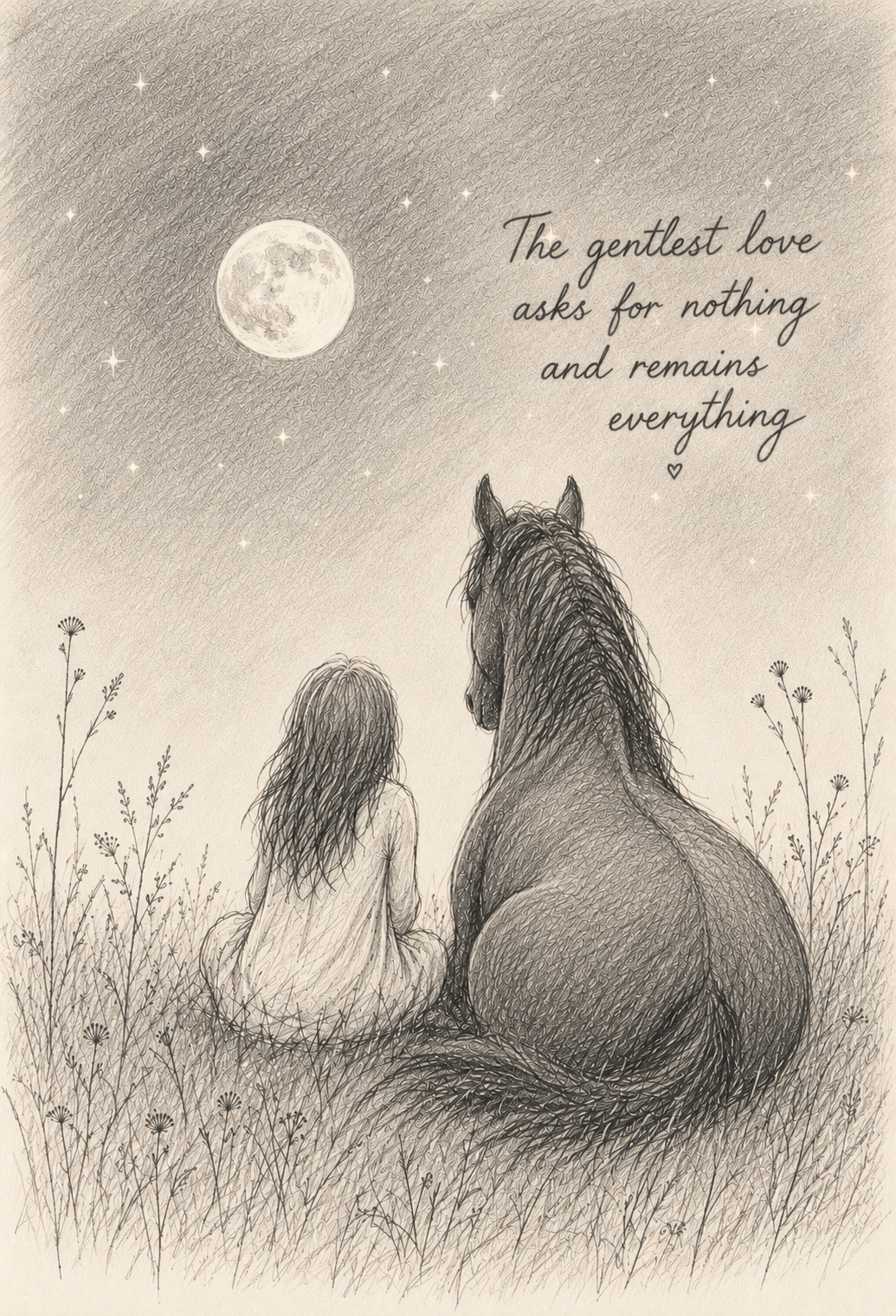 An illustration of a girl sitting next to a horse on a grassy hill at night, gazing at a full moon and a starry sky, with an inspiring quote about gentle love.