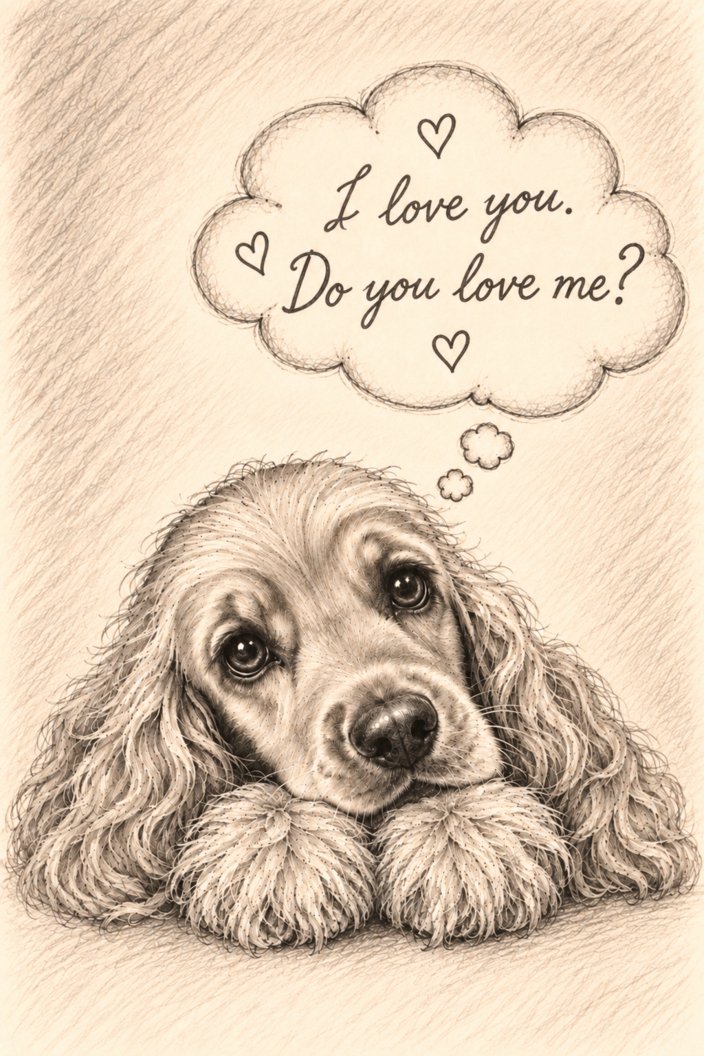 A cute drawing of a puppy lying down with a thought bubble above it. The thought bubble contains the words 'I love you. Do you love me?' surrounded by small hearts.