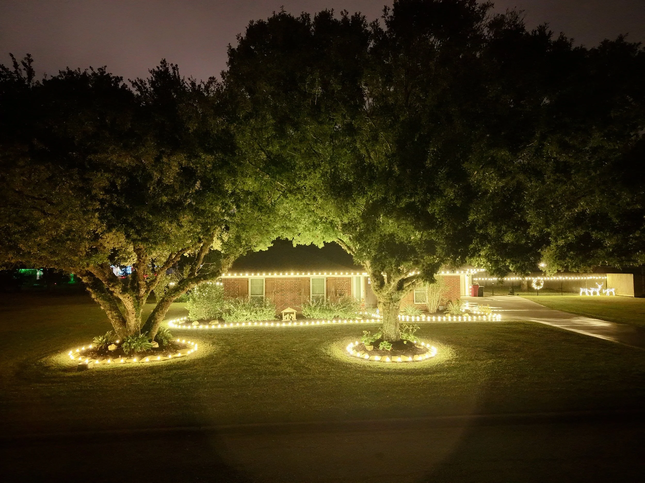 A house decorated with string lights and illuminated trees in a yard at night. The house has a brick exterior with windows and a driveway. There are Christmas reindeer and Santa figures visible in the background.