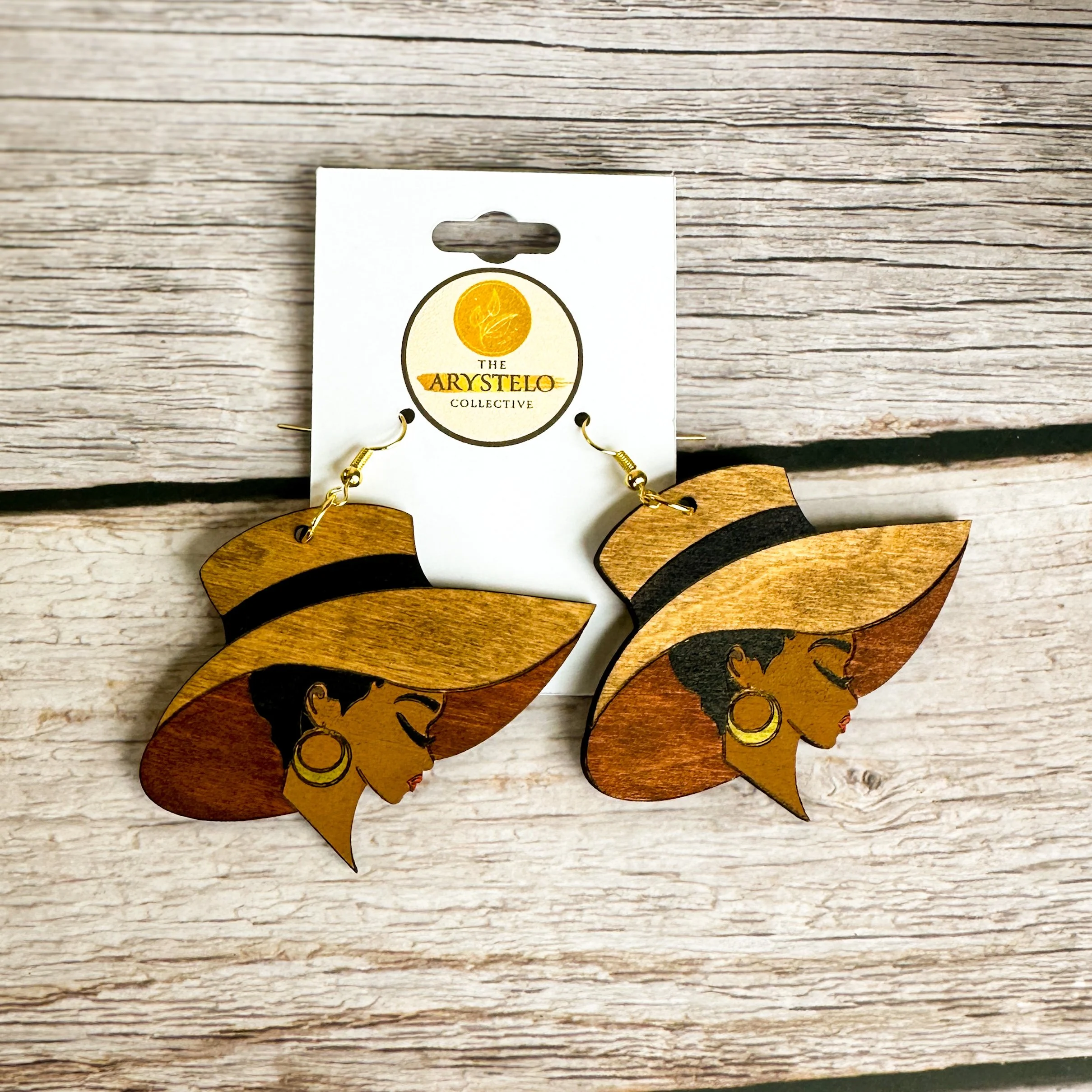 Lady with Hat Wooden Earrings