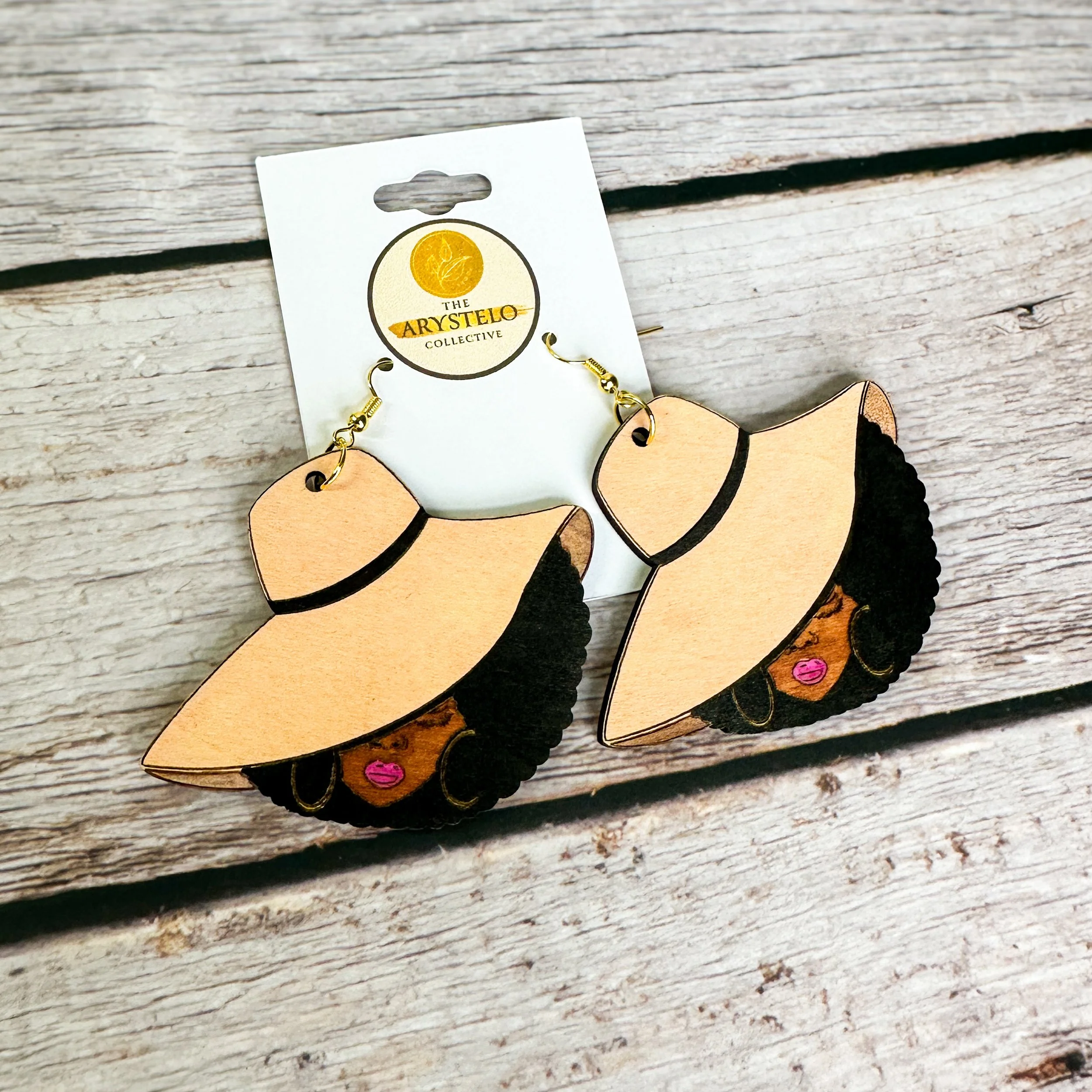 Lady with Hat Wooden Earrings
