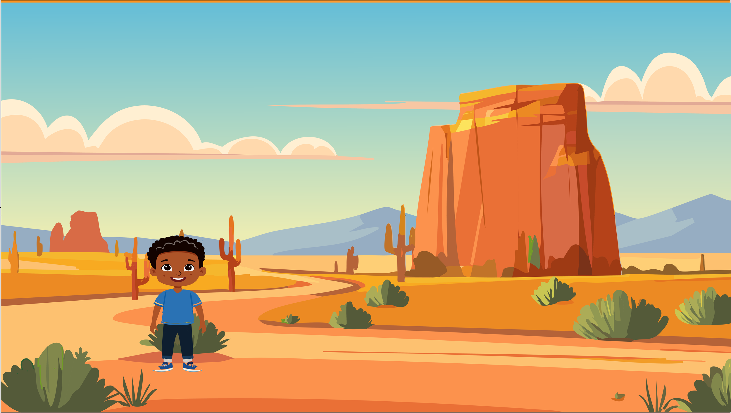 A young boy standing in a desert landscape with large red rock formations, cacti, and sparse bushes, under a sky with clouds and distant mountains.