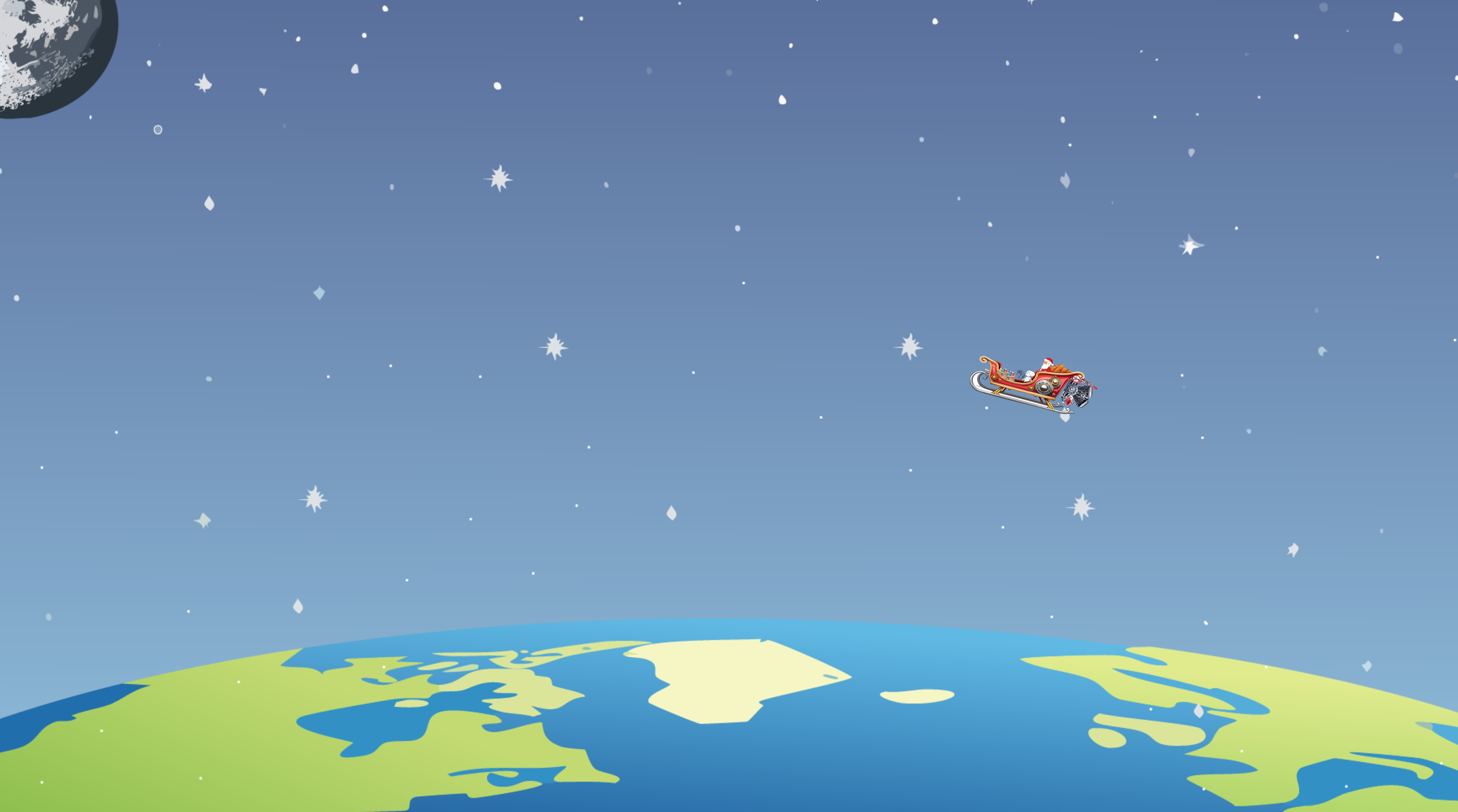 Illustration of Santa Claus riding in a sleigh pulled by reindeer through space, with Earth below and stars around.