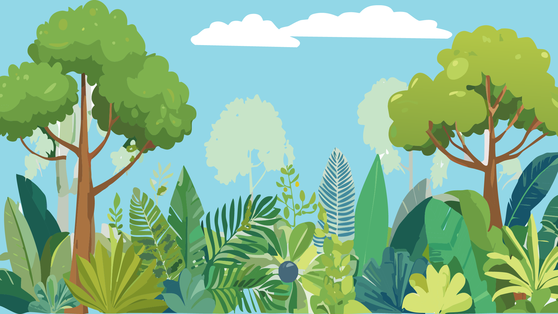 Illustration of a lush green jungle with various trees, plants, and foliage under a blue sky with white clouds.