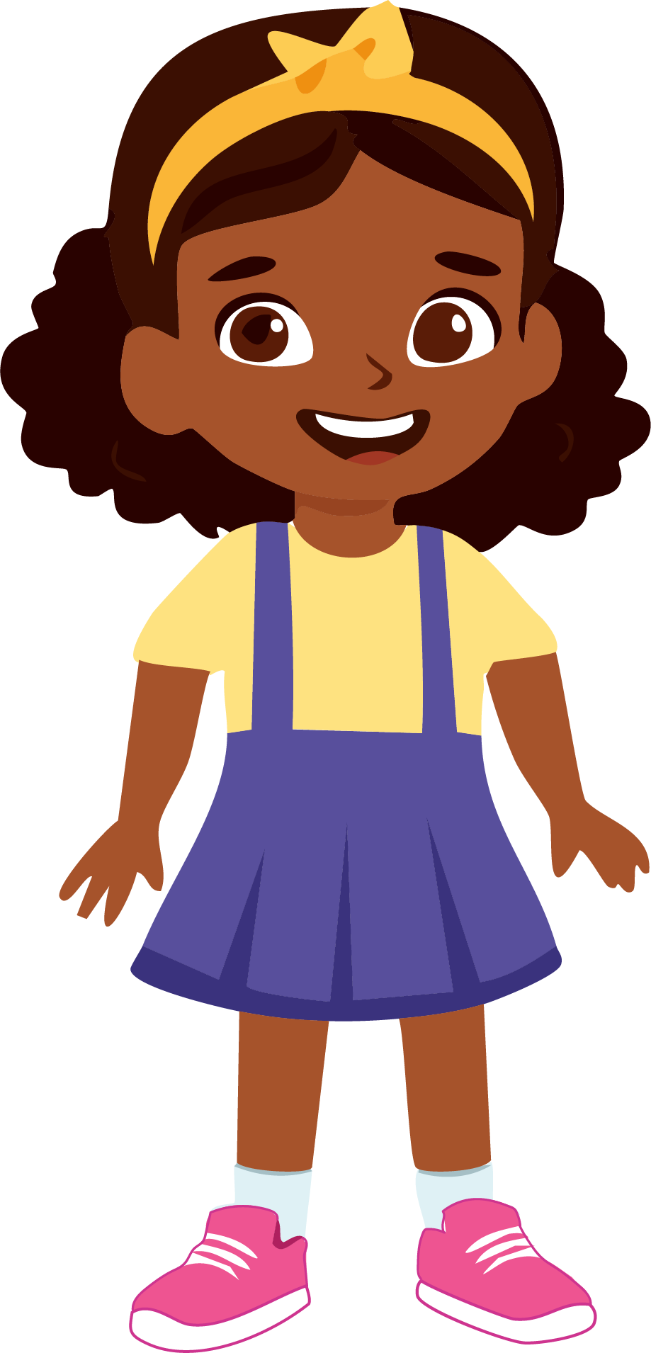 Cartoon young girl with dark skin, curly brown hair, yellow headband, yellow t-shirt, purple skirt, pink sneakers, and white socks.