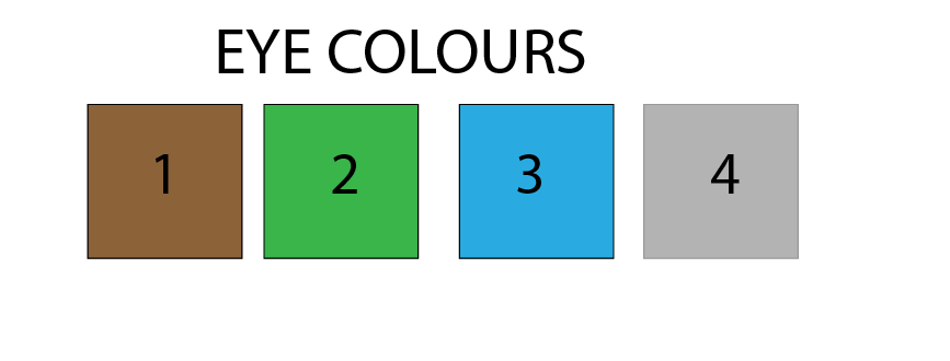 A colour chart of the different eye colours, 1 is brown, 2 is green, 3 is blue and 4 is grey