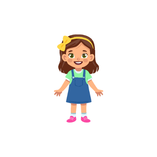 A cartoon girl with brown hair, a yellow bow, green eyes, wearing a green shirt, blue overalls, pink shoes, standing with open arms.