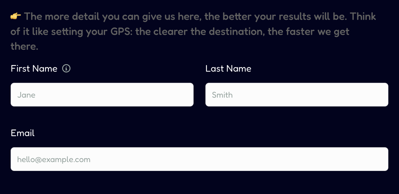 Online form with fields for first name, last name, and email on a dark background.