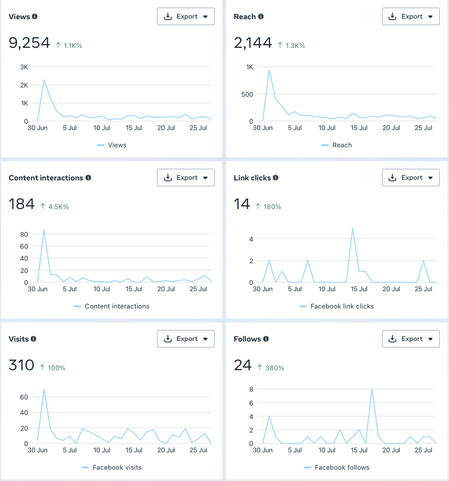 Screenshot of social media analytics with charts displaying views, reach, content interactions, link clicks, visits, and follows over a month.