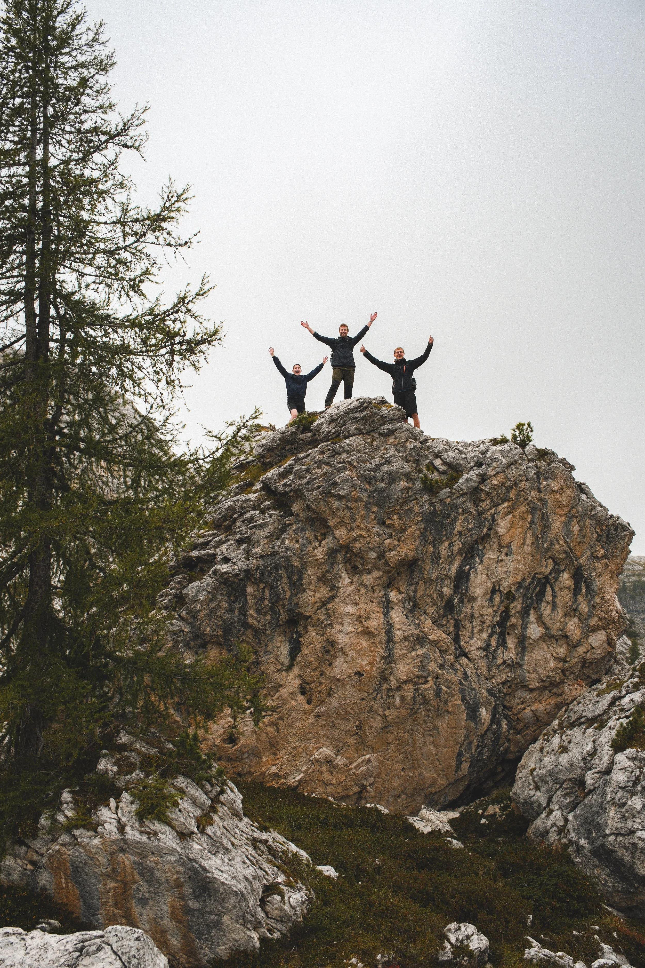 Three young men stand atop a large rocky mountain, celebrating with their arms raised, surrounded by greenery and tall trees, on an overcast day.