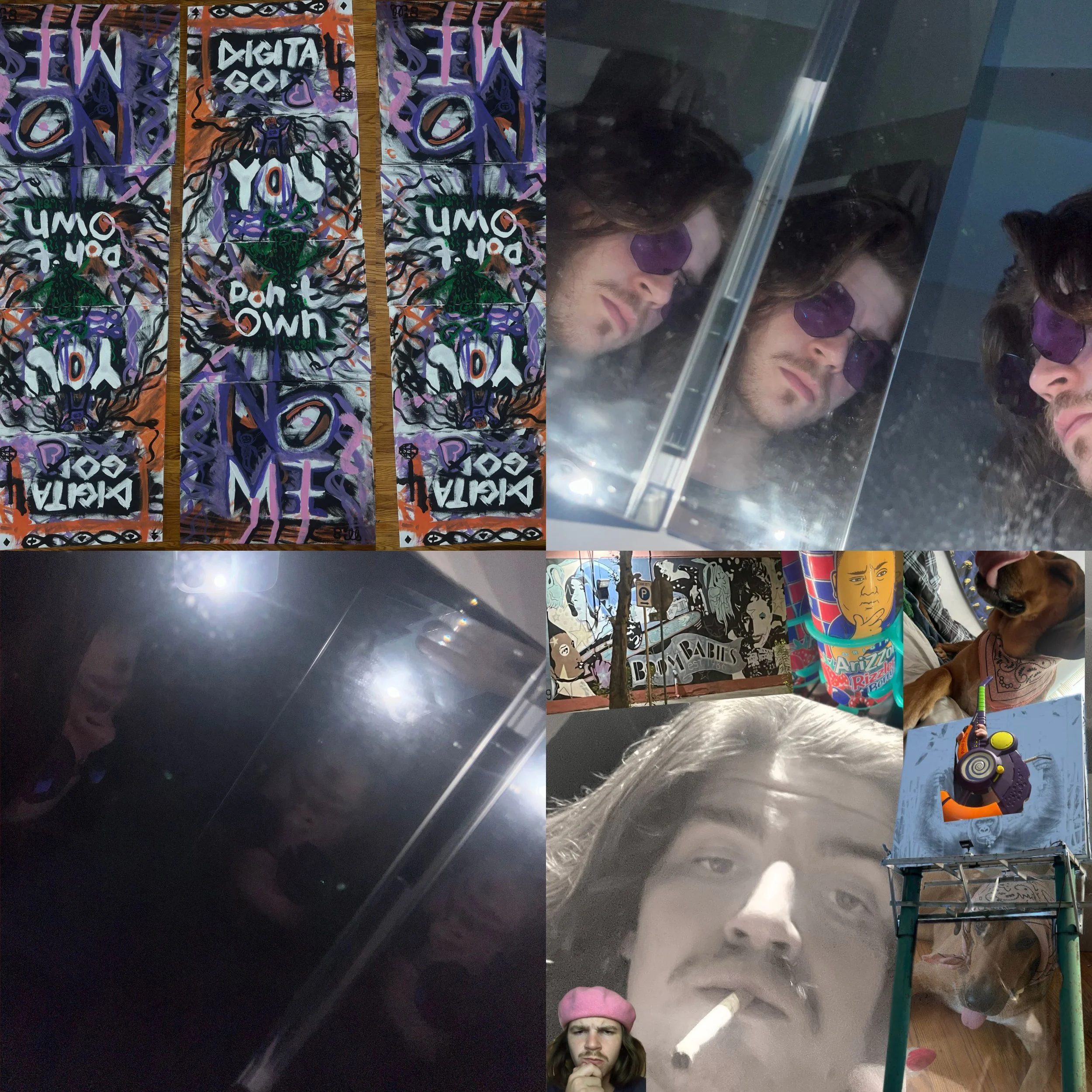 The image features a collage styled with graffiti-like art with phrases like 'DIGITAL GOD' and 'UMO.' On the right side, two people are partially visible behind a reflective surface with purple glasses, and a woman with gray hair and a dog are also visible. There is a street scene visible through the glass, including a pole with a blue parking sign.