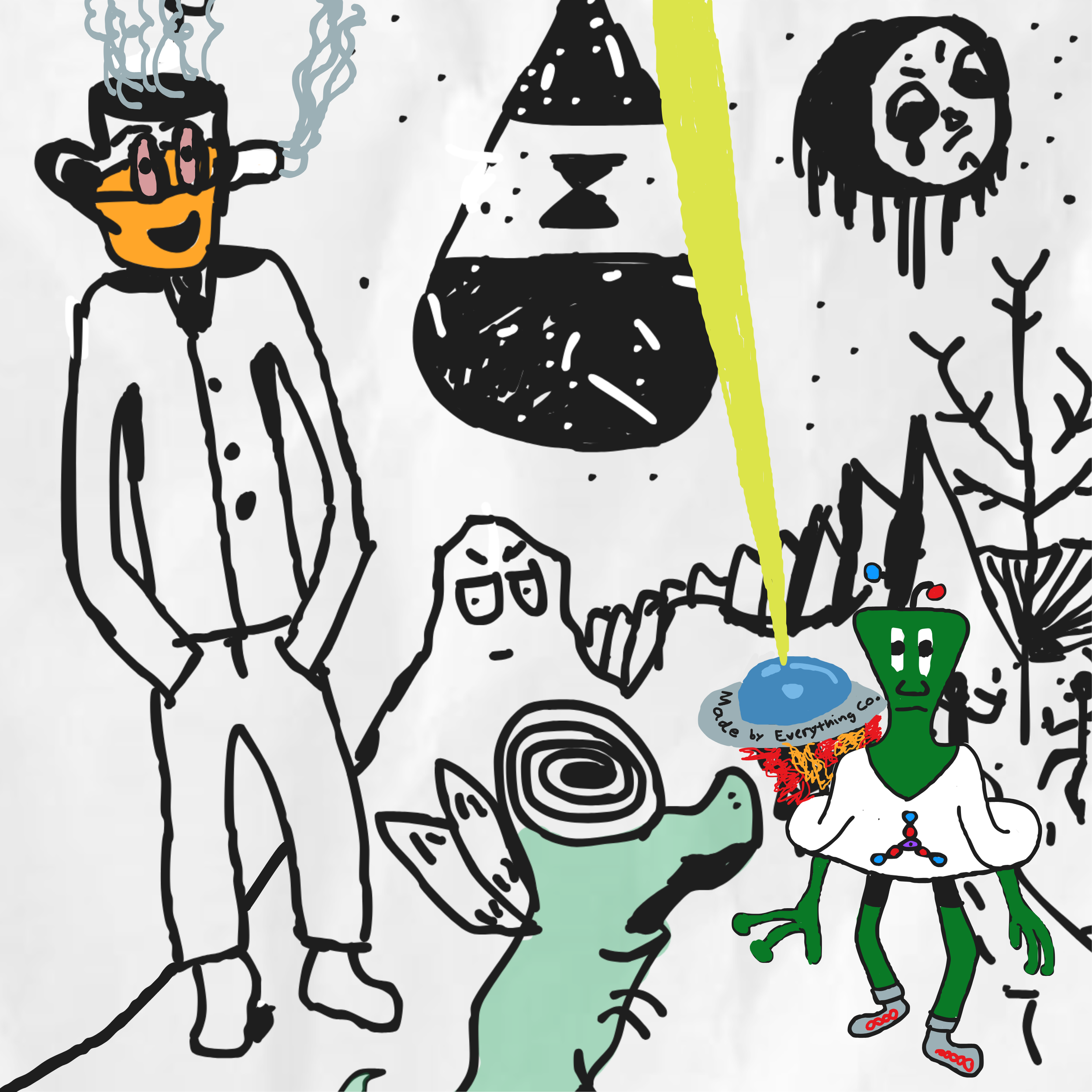 Drawing of various animated characters and objects, including a person with steaming coffee, a rocket, a skull, a planet, a frog, and other whimsical elements, in a colorful sketch style.