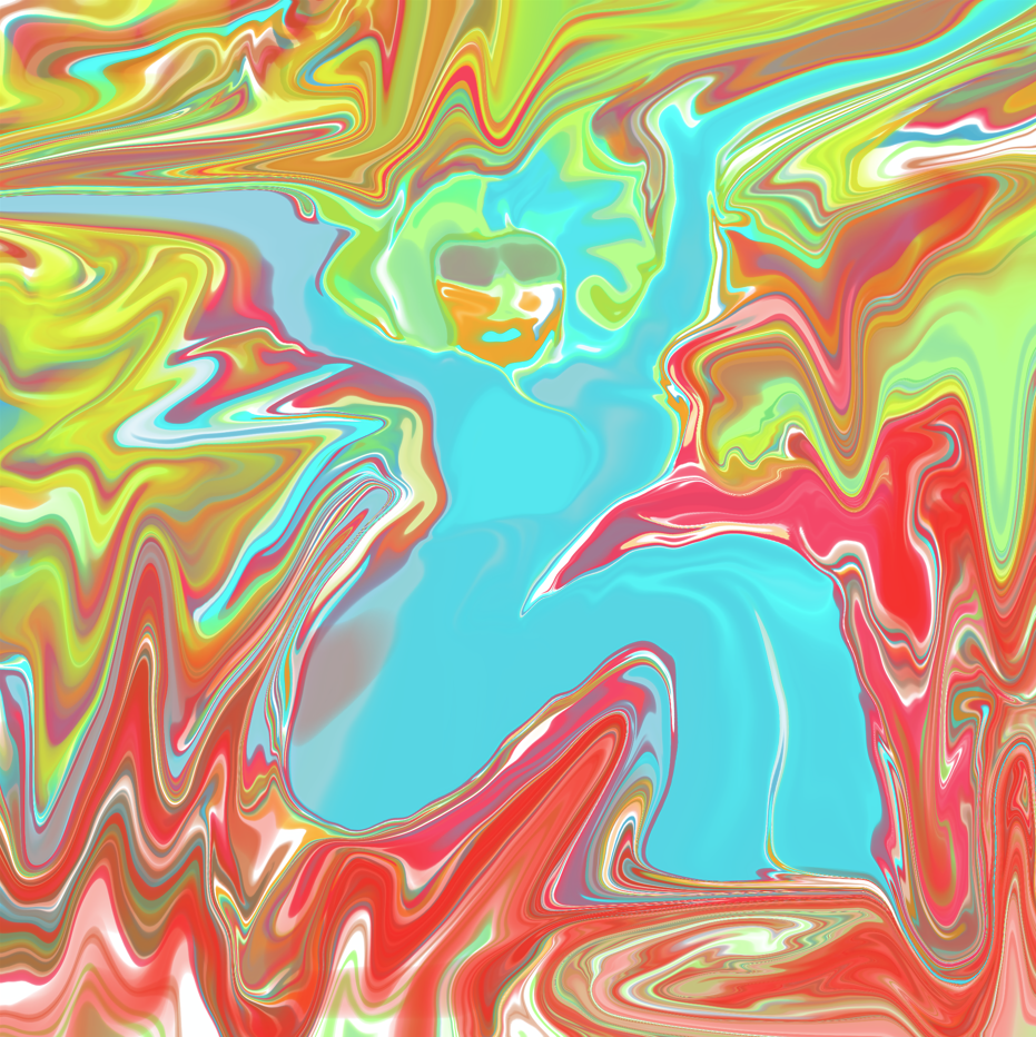 Abstract colorful swirl with a person in the center, arms raised, in a blue outfit.