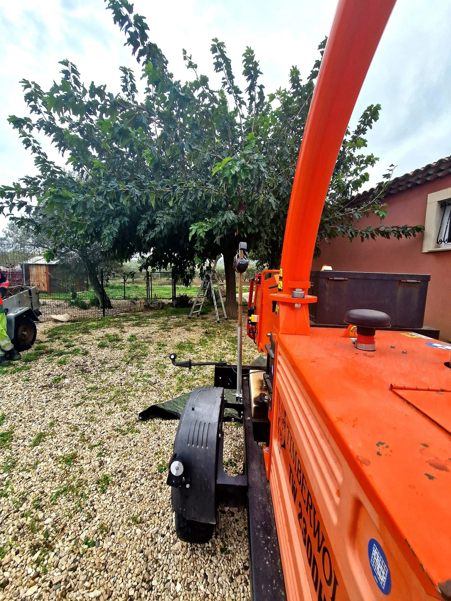Photo d'une pelleteuse orange dans un jardin avec un arbre vert en arrière-plan et une maison rose à droite.