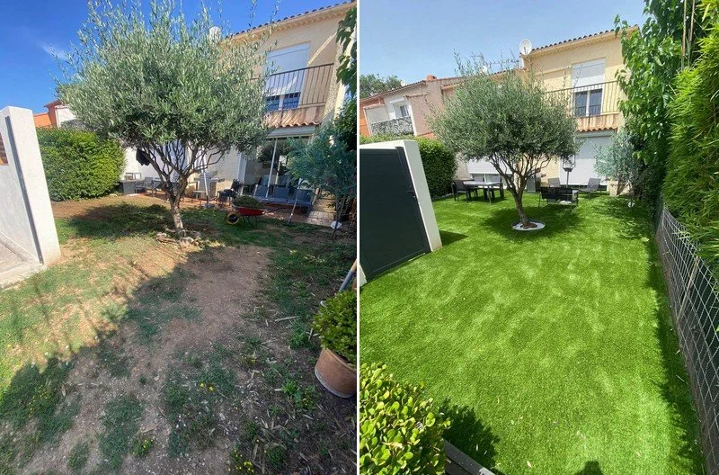 Avant et après de la transformation d'un jardin. À gauche, un jardin avec de la terre nu et un arbre, à droite, le même jardin avec une pelouse verte et des meubles extérieurs.