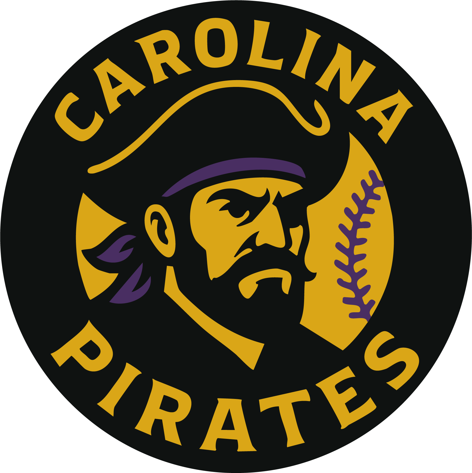 Circular logo with black background and yellow text reading "Carolina Pirates". The logo features a stylized baseball in gold with purple stitching and a pirate's face wearing a pirate hat with a purple band.