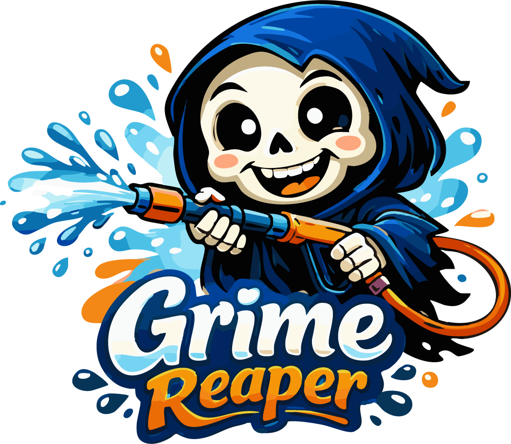 A cartoon skeleton wearing a blue hoodie holding a pressure washer while spraying water, with the text "Grime Reaper" beneath.