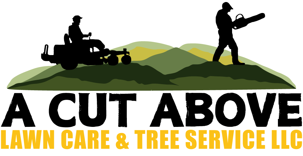Logo for Lawn Care & Tree Service LLC featuring a stylized green landscape with a lawn mower, a leaf blower, and a tree, with the company name in bold yellow text below.
