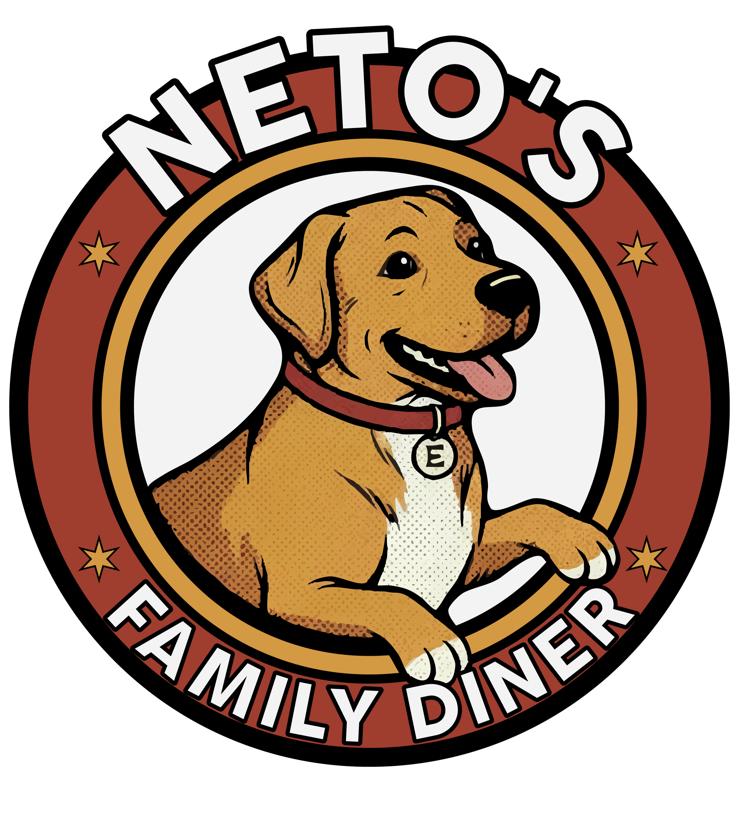 A circular logo featuring a brown and white dog with a red collar in the center. Surrounding the dog are the words 'Neto's Family Diner' in a white font on a red and black background, with stars positioned at the top and bottom.