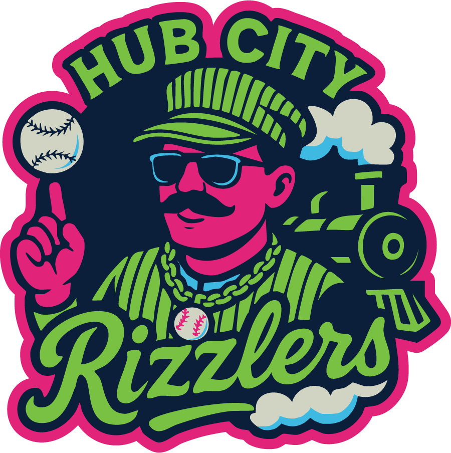 Logo featuring a man with a mustache, sunglasses, wearing a striped cap, and a baseball-themed necklace. He is holding a baseball balancing on his finger. The logo reads 'HUB CITY RIZZERS' with a train engine and smoke clouds in the background, and baseball elements.