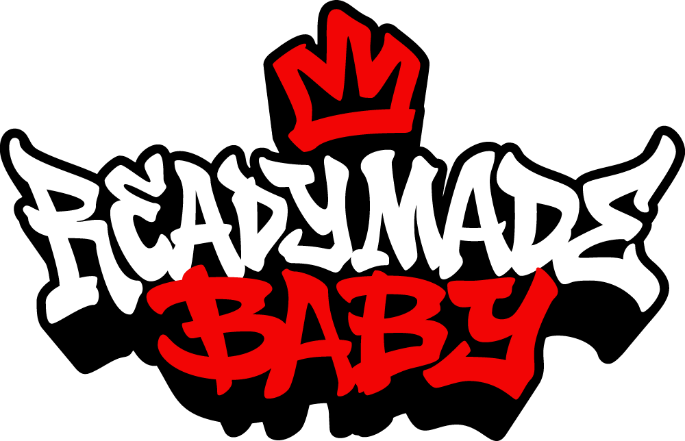 Graphic design with graffiti-style white and red text reading 'Readymade Baby' and a red crown above the text on a black background.
