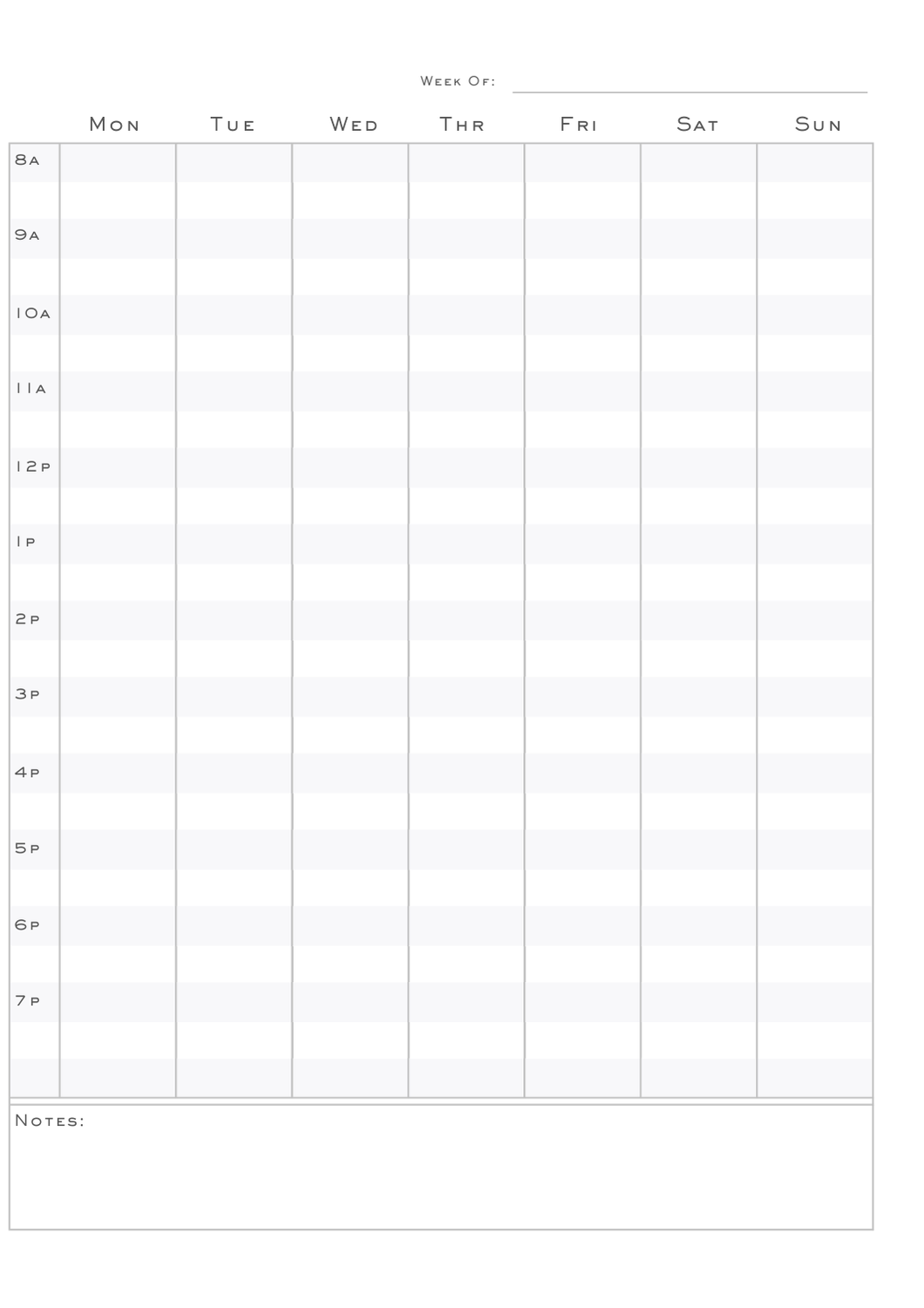 Weekly planner or schedule template with days of the week listed from Monday to Sunday and time slots from 8 AM to 7 PM, along with a notes section at the bottom.