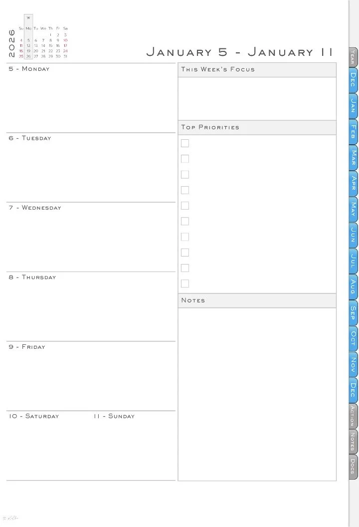 A weekly planner page displaying the week of January 5th to January 11th, 2025. It includes a small calendar of January 2025 in the top left corner, days of the week listed from Monday to Sunday with corresponding dates, a section for this week's focus, top priorities with checkboxes, notes, and a vertical tab on the right side listing months from December to December.