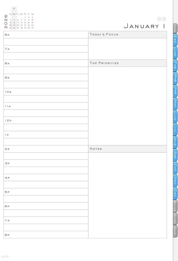 Monthly calendar for January 2026 with list of days and times for scheduling, and a sidebar with abbreviated months from December to January.