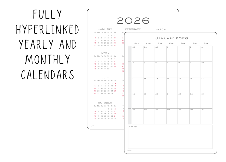 A display of 2026 fully hyperlinked yearly and monthly calendars, including January, February, March, April, July, and October, along with a note section at the bottom.