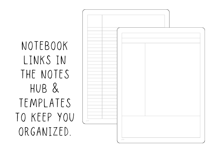 Illustration of two digital note templates, one with horizontal lines and the other with a blank space, alongside handwritten text about notebook links in notes hub and templates for organization.