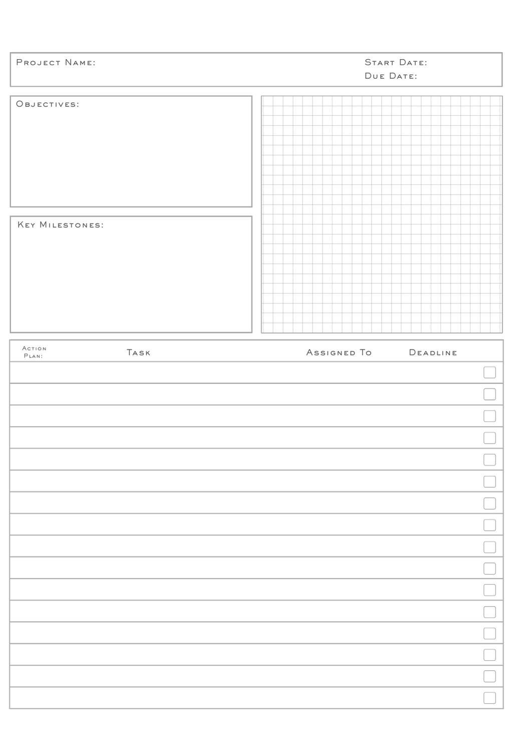 Blank project planning worksheet with sections for project name, start and due dates, objectives, key milestones, and a task list with assigned to and deadline columns.