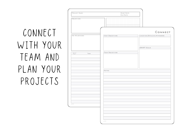 Two planning sheets for team projects with a motivational message on the left that reads, 'Connect with your team and plan your projects'.