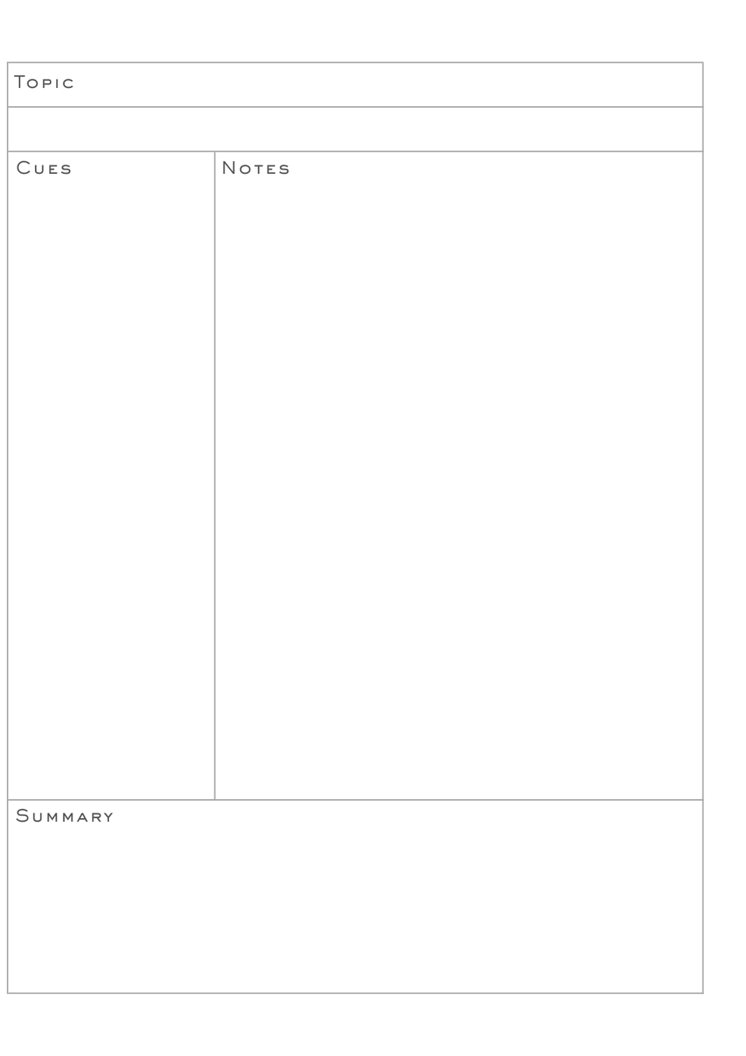 Blank graphic organizer with sections labeled 'Topic,' 'Cues,' 'Notes,' and 'Summary.'