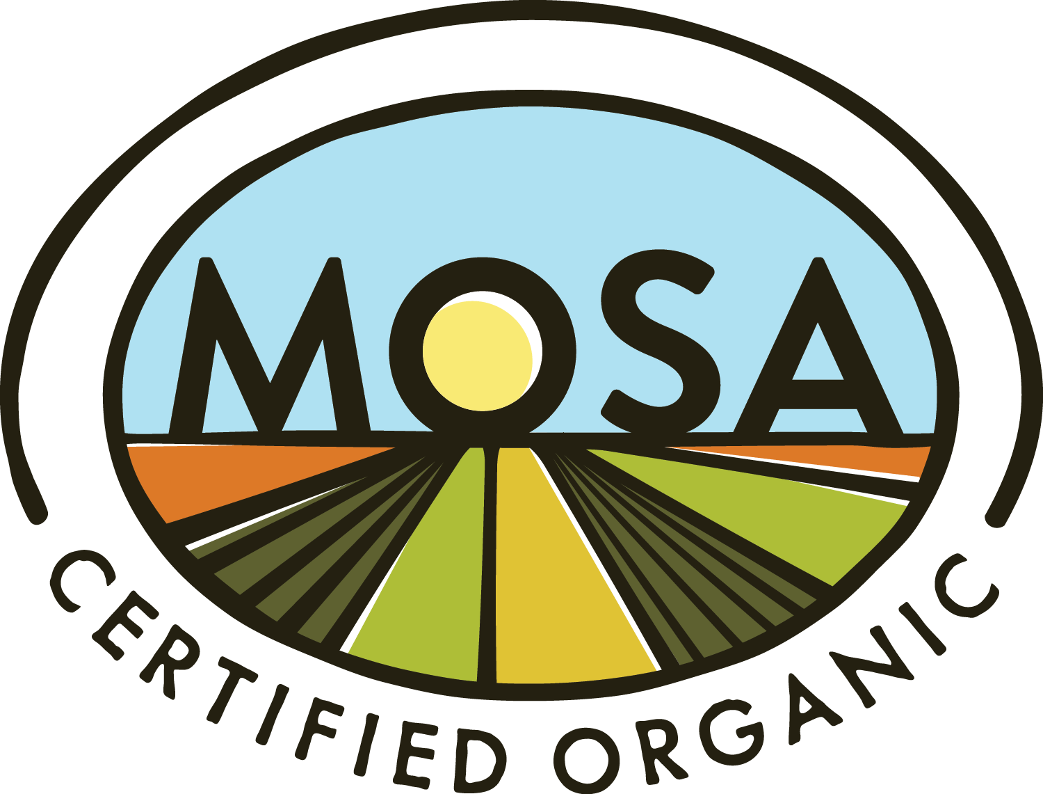 MOSA organic certification logo featuring the word 'MOSA' with a sun, farmland, and fields depicted within an oval outline.