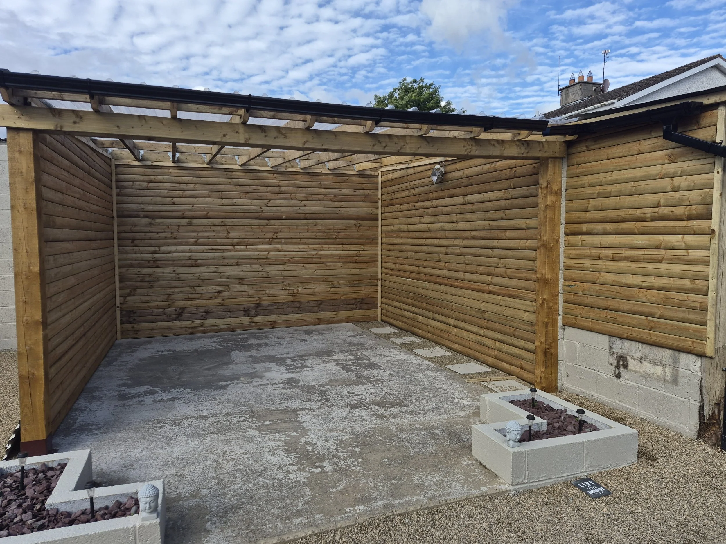 Large Timber Pergola with Three Cladded Walls